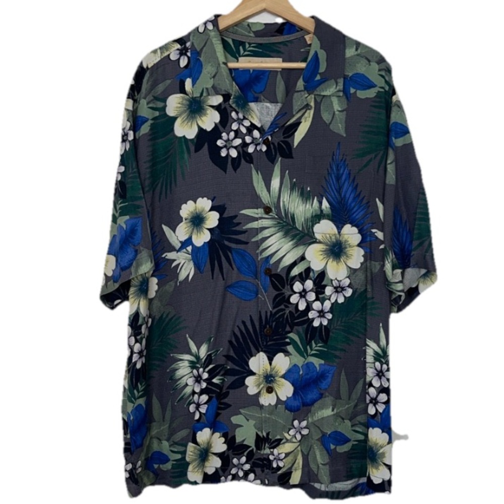 Tommy Bahama Gray Tropical Floral 100% Silk Casual Button Down Sz. XL